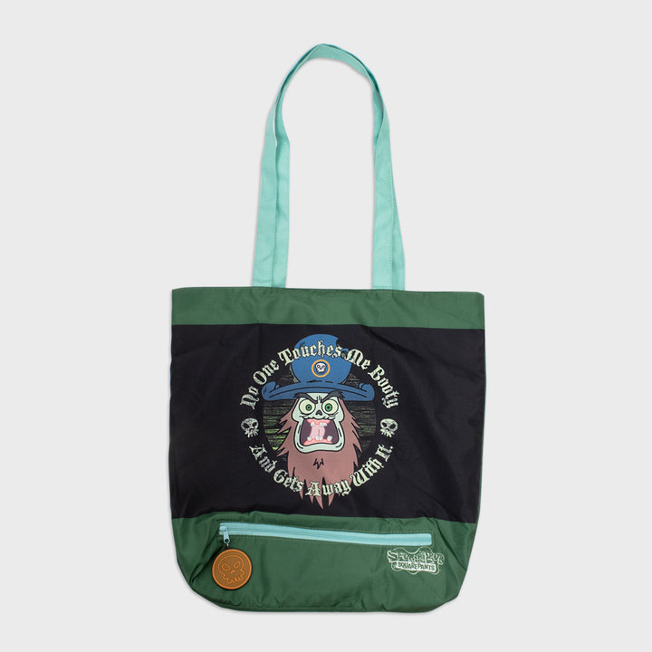 tote bag. features flying dutchman ghost on front. text: no one touches me booty. and gets away with it.
