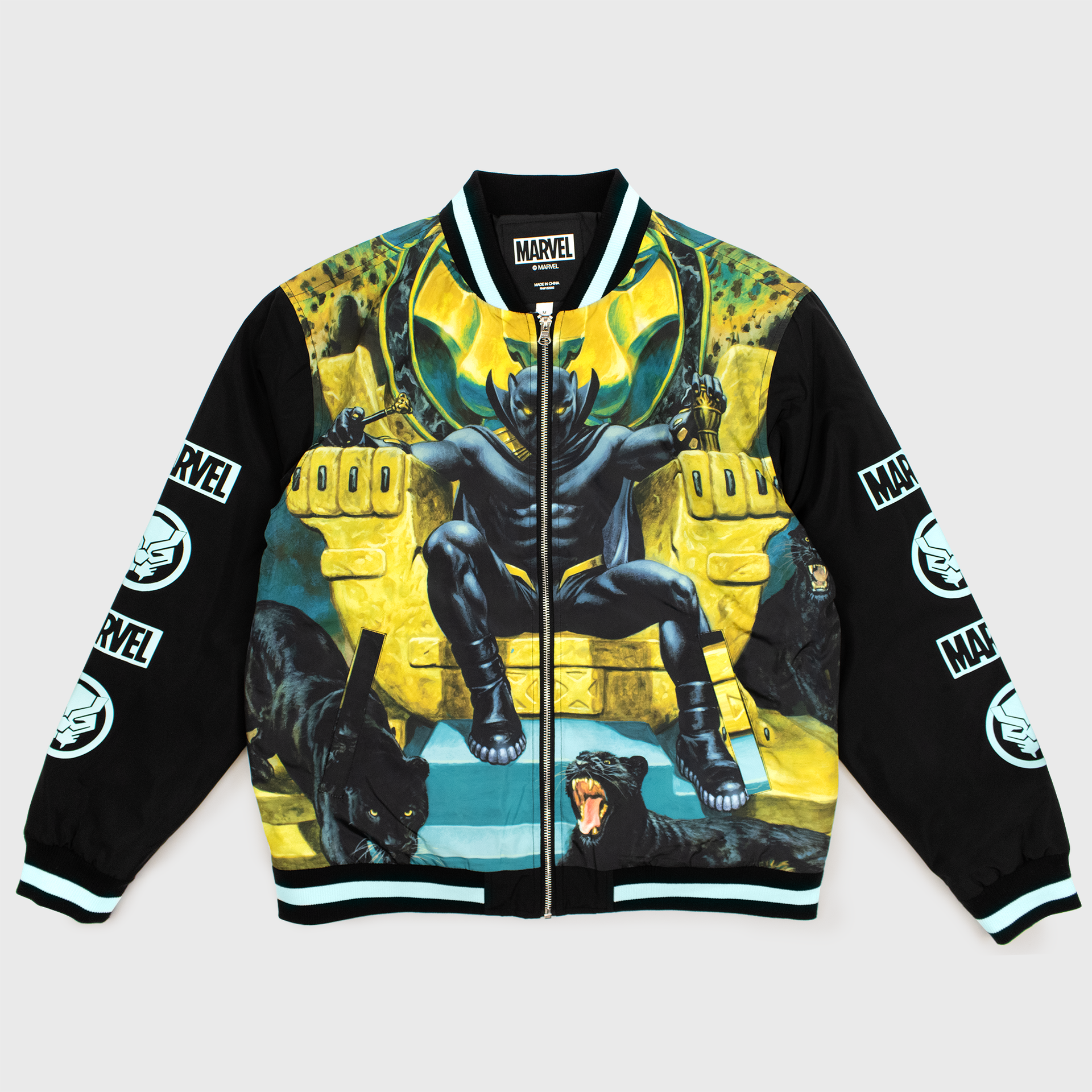 black panther bomber jacket image on front: black panther sitting on yellow throne. two real panthers laying down below him. zipper down the middle. text: marvel 