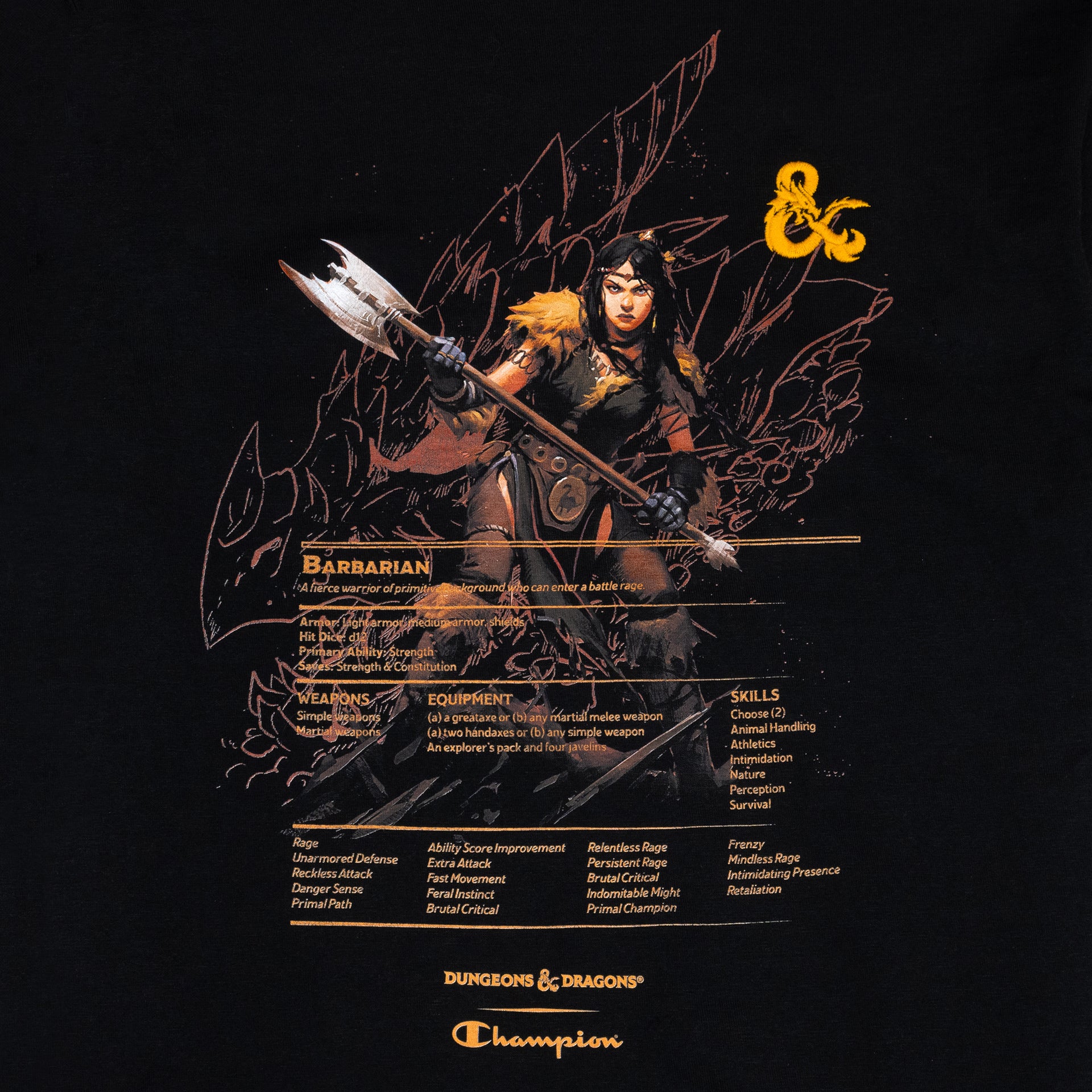 close up of barbarian graphic. she is holding a battle axe. text: barbarian a fierce warrior of primitive background who can enter a battle rage. followed by different stats. dungeons & dragons champions