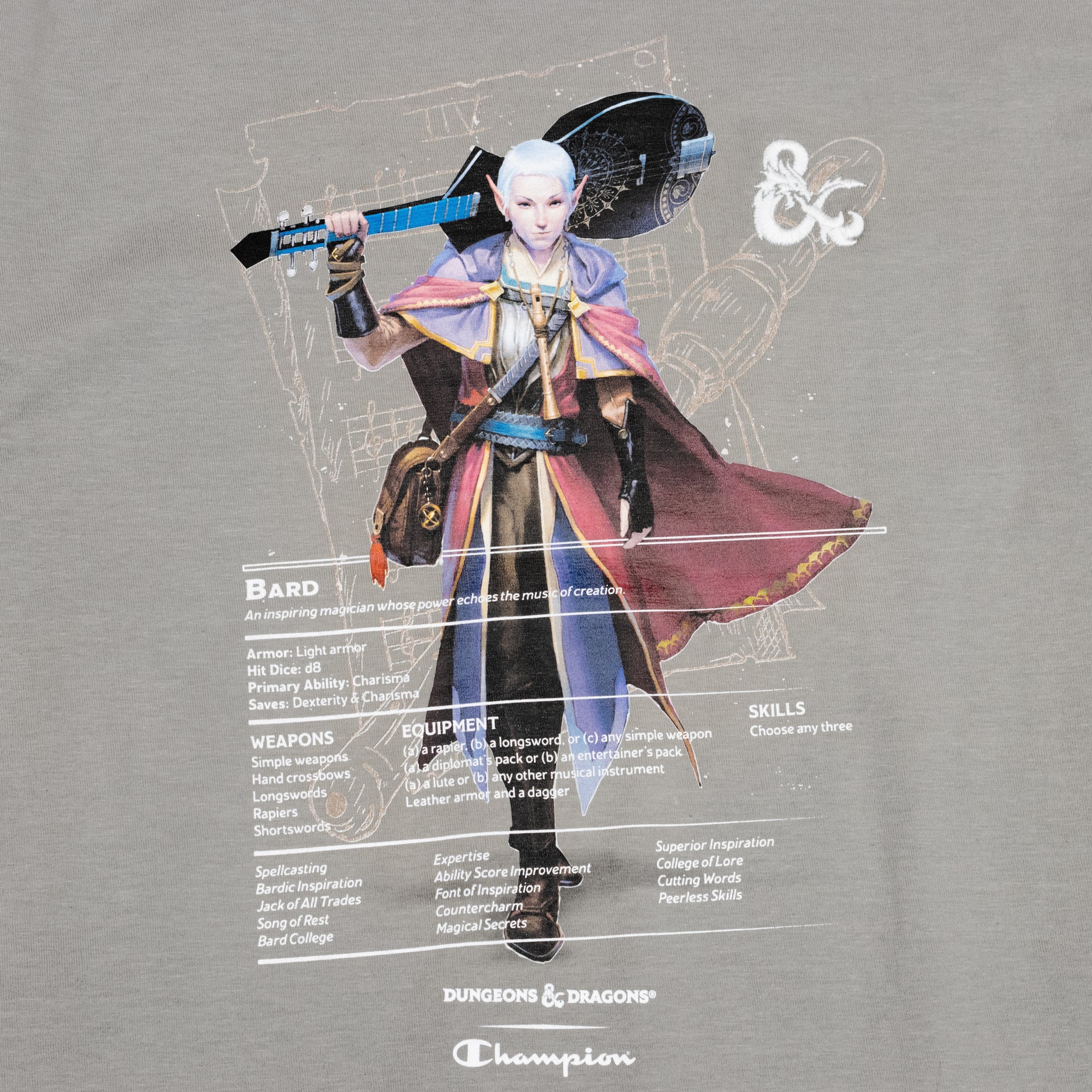 close up of bard graphic. elf holding lute. text: bard an inspiring magician whose power echoes the music of creation. followed by different stats. dungeons & dragons champion
