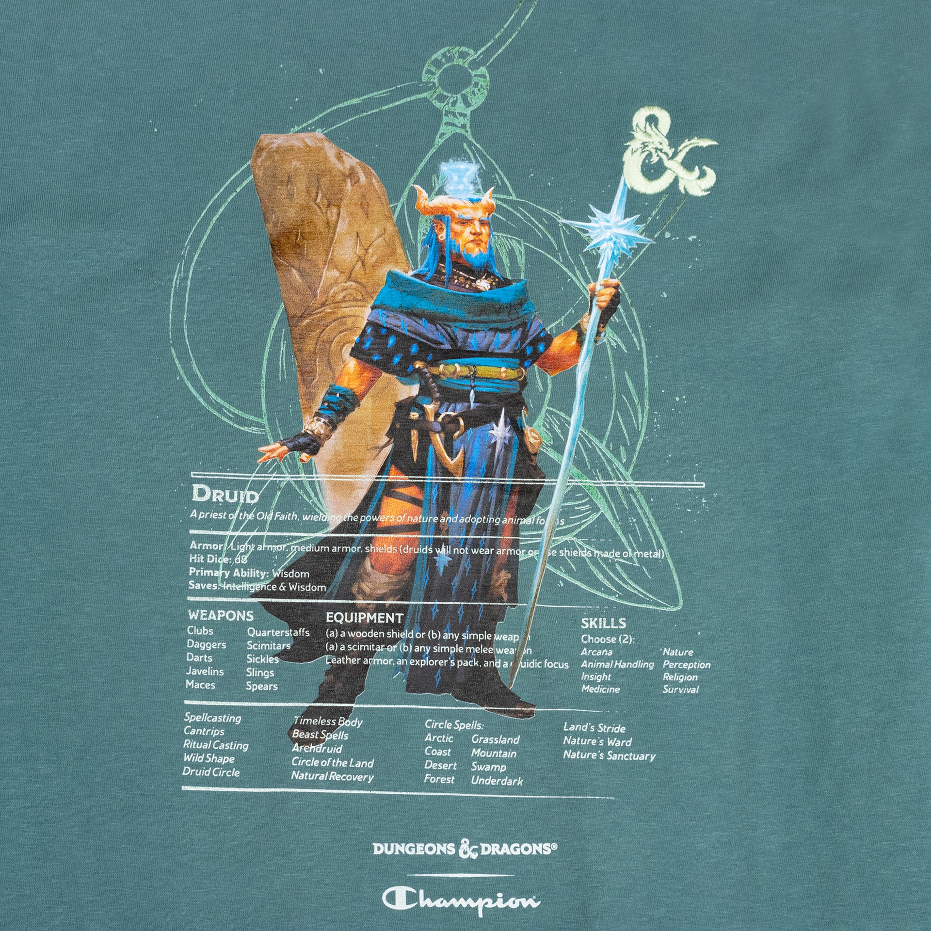 close up of druid graphic. holding ice staff. text: druid a priest of the old faith, wielding the powers of nature and adopting animal forms. followed by different stats. dungeons & dragons champion