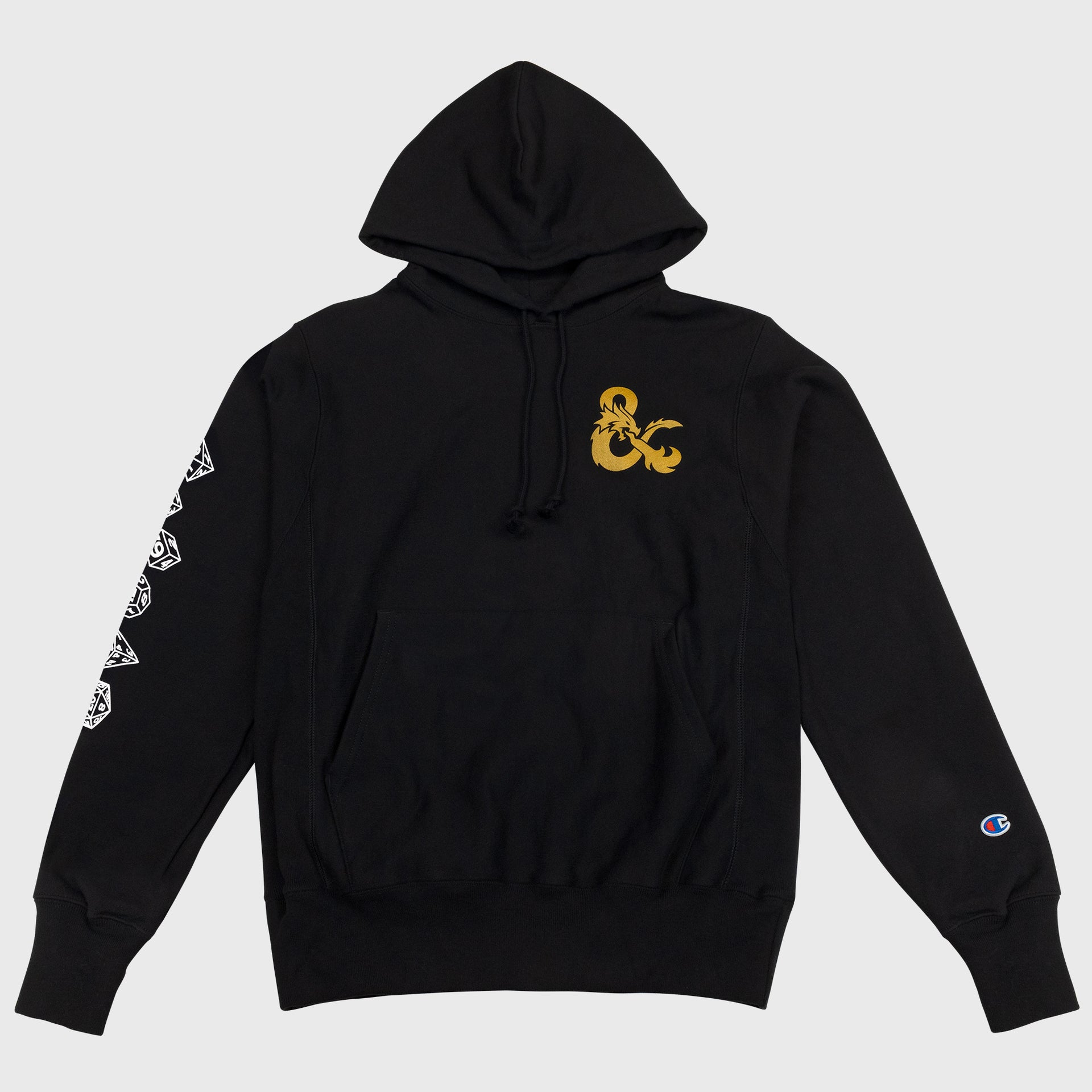 dungeons and dragons black hoodie. front pocket. drawstring hood. dnd logo on left breast pocket area. 