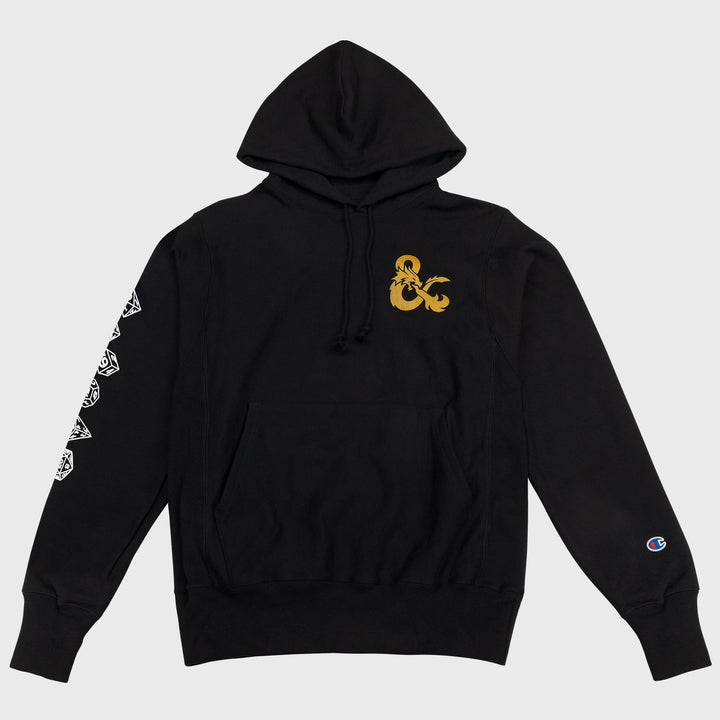 dungeons and dragons black hoodie. front pocket. drawstring hood. dnd logo on left breast pocket area. 