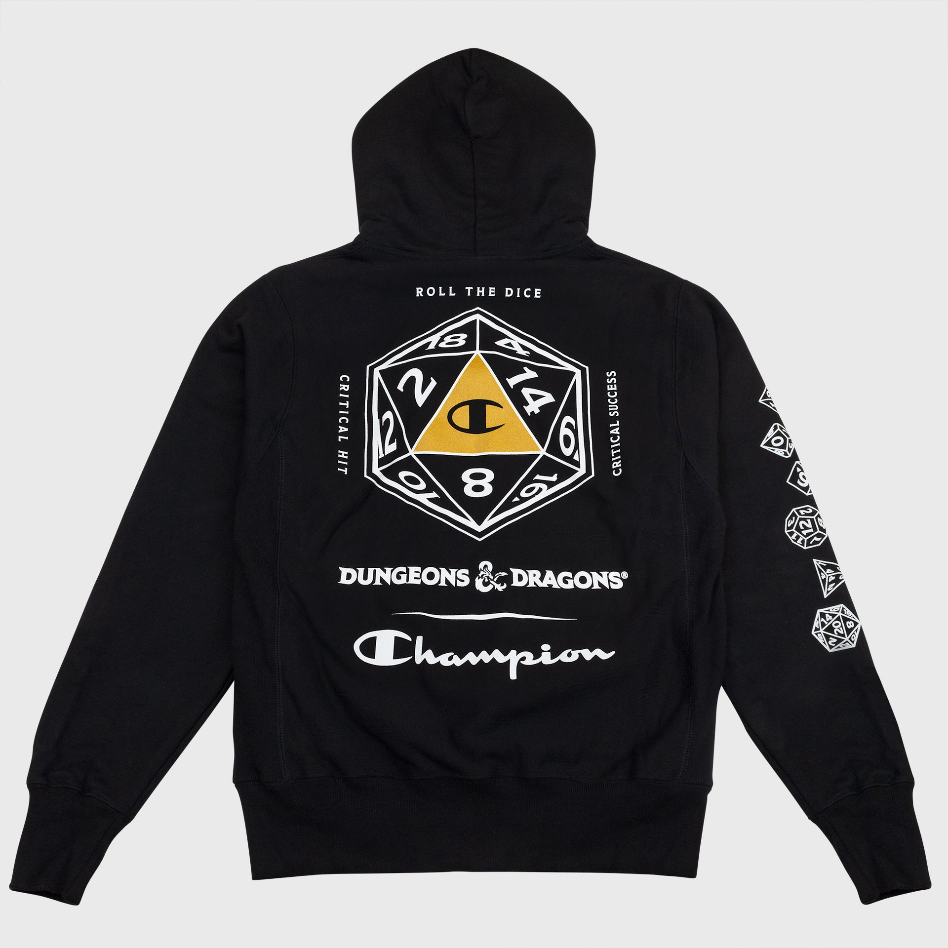 dungeons and dragons black hoodie. back of hoodie. d20 dice with champion logo in middle. text on back: roll the dice critical hit critical success dungeons & dragons champion