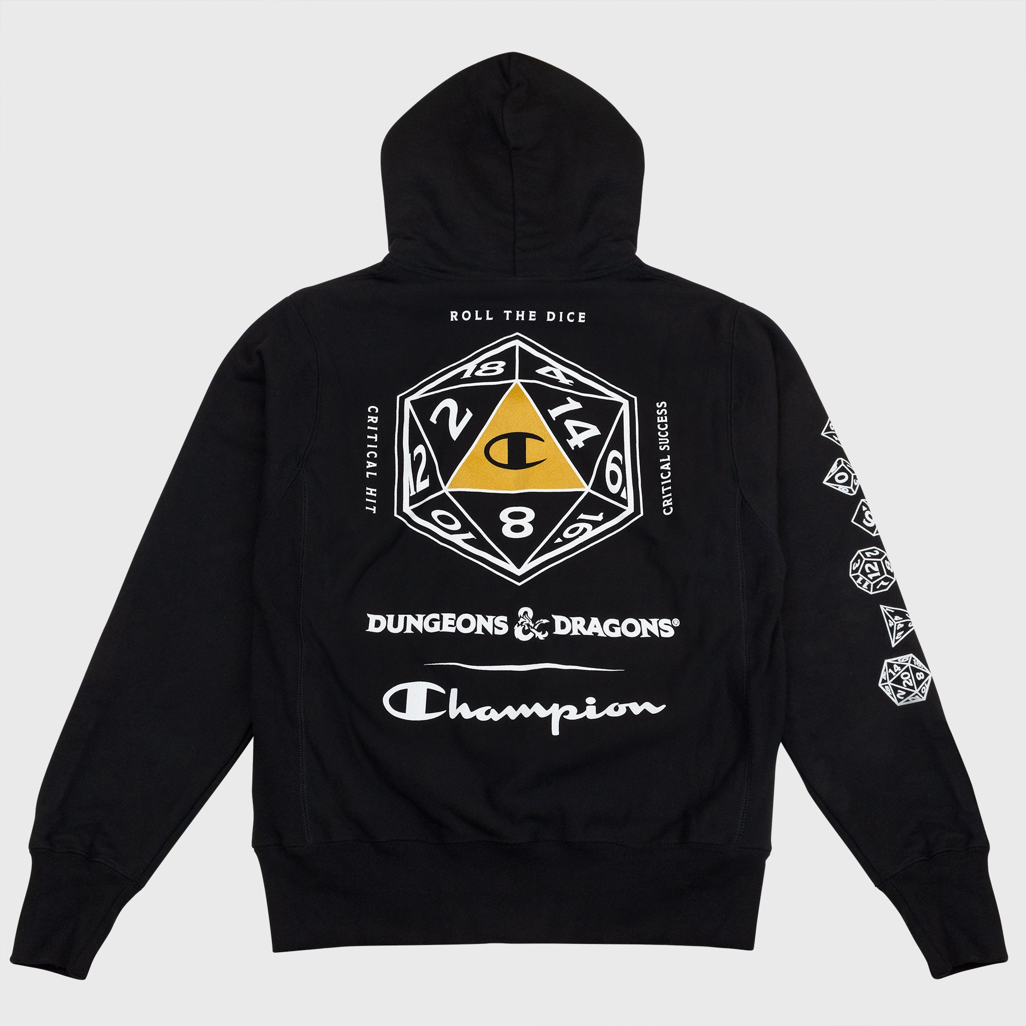 dungeons and dragons black hoodie. back of hoodie. d20 dice with champion logo in middle. text on back: roll the dice critical hit critical success dungeons & dragons champion