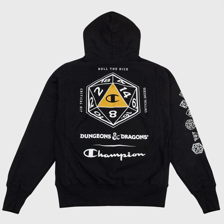 dungeons and dragons black hoodie. back of hoodie. d20 dice with champion logo in middle. text on back: roll the dice critical hit critical success dungeons & dragons champion