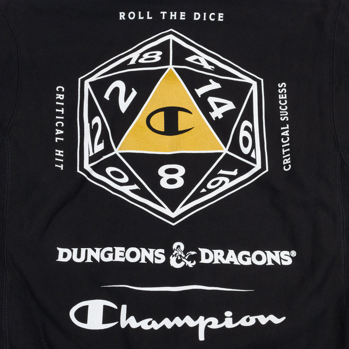 close up of dungeons and dragons back graphic. text: roll the dice critical hit critical success dungeons & dragons champion