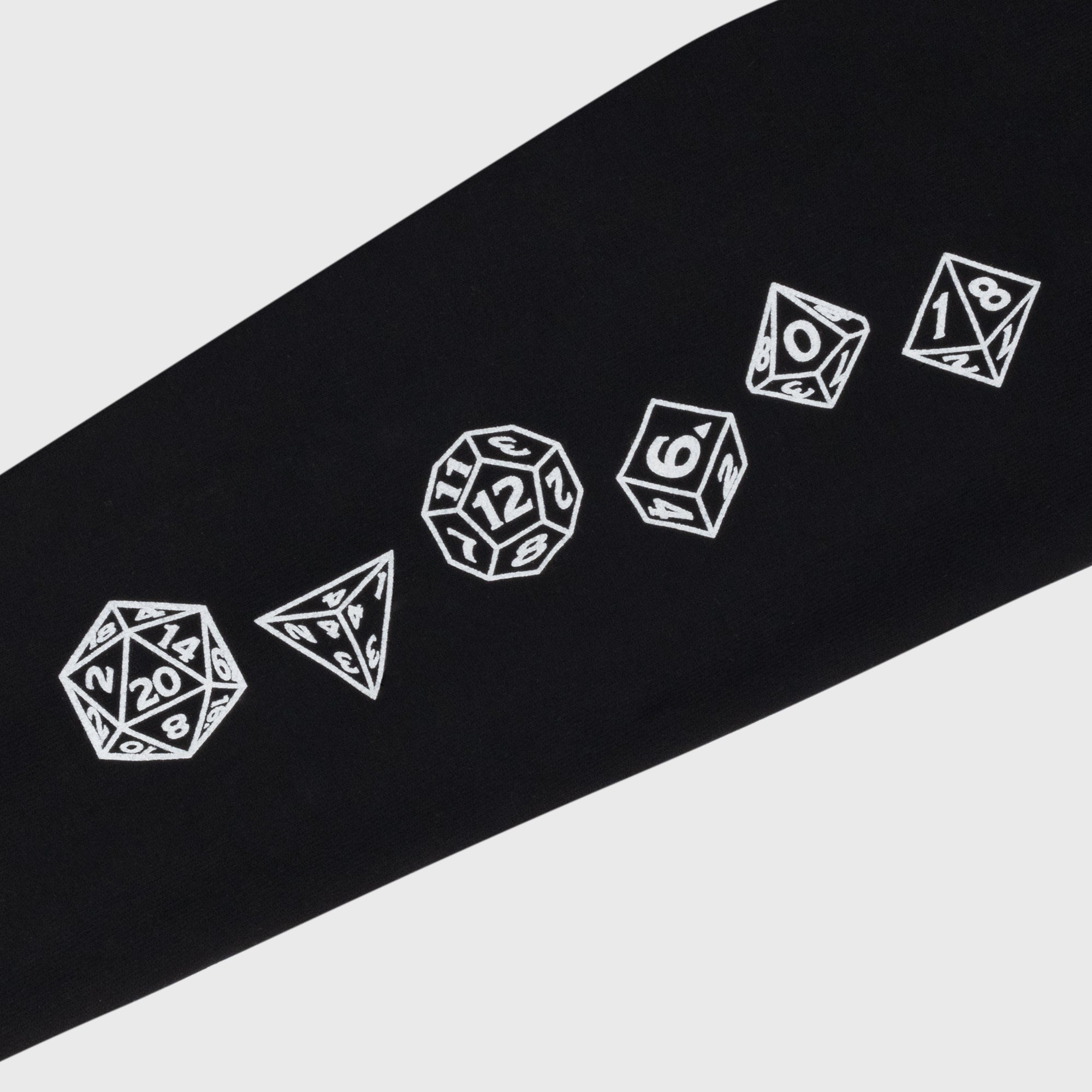 dice set graphic on right sleeve. d20, d4, d12, d6, d10, d8