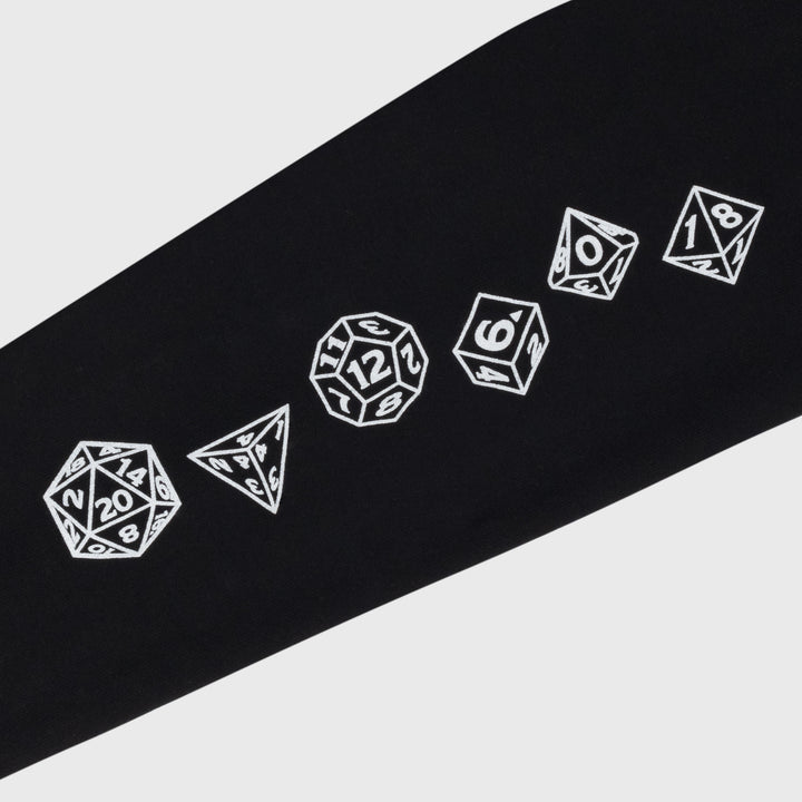 dice set graphic on right sleeve. d20, d4, d12, d6, d10, d8