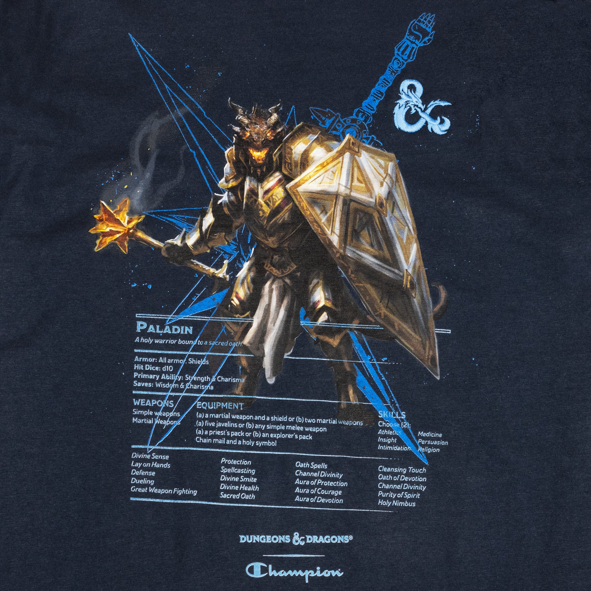 close up of dungeons and dragons paladin graphic. shows dragonborne in fighting stance in armor. text: paladin a holy warrior bound to a scared oath. following with different stats. dungeons & dragons champion.