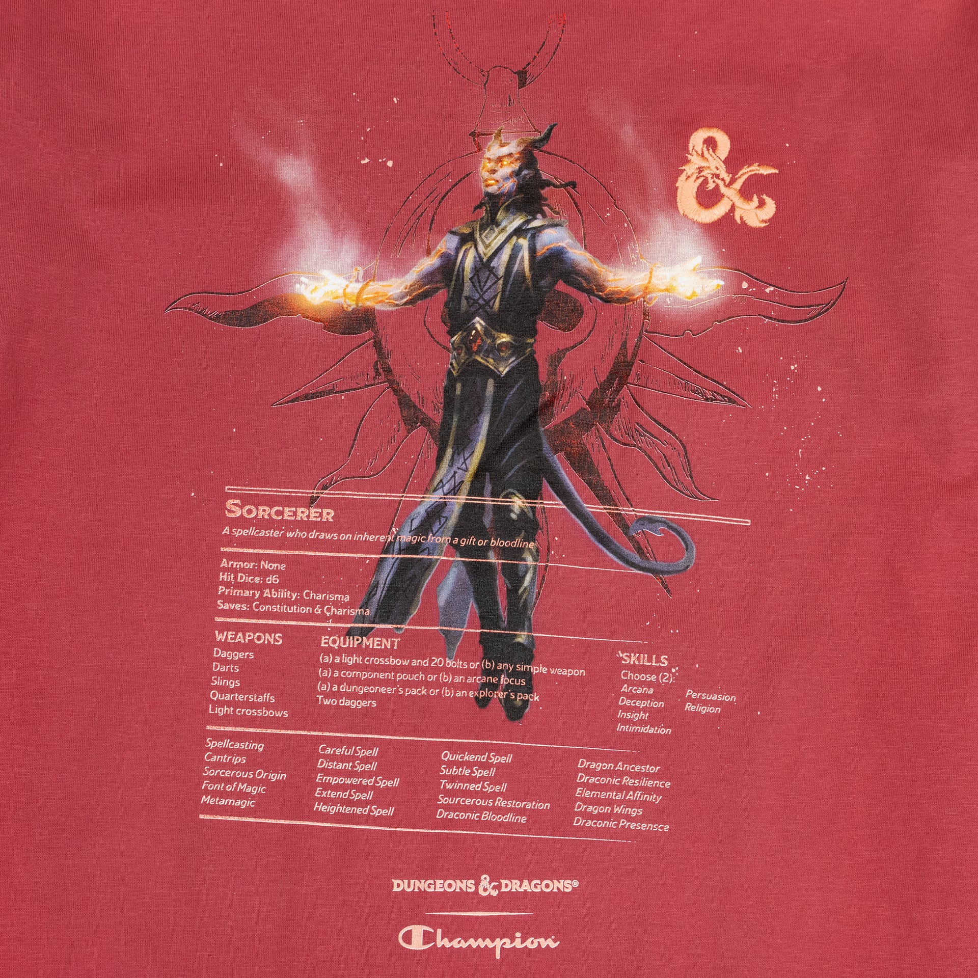 close up of graphic of sorcerer. arms outstretched with magic fire coming out of hands. text: sorecerer a spellcaster who draws on inherent magic from a gift or bloodline. following different stats. dungeons & dragons champion.