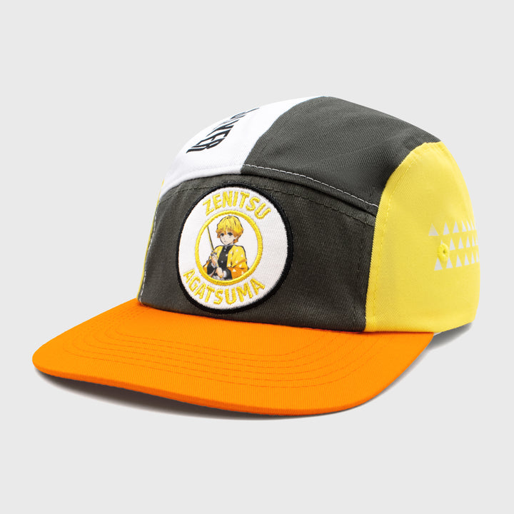 Left Side Demon Slayer black white yellow hat. Image on hat: Zenitsu Agatsuma. Text on Front of hat: Zenitsu Agatsuma