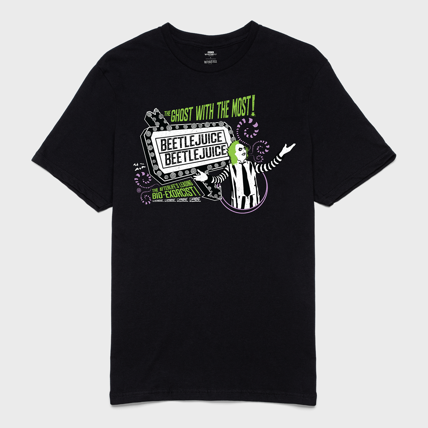 t-shirt tee shirt short sleeve the ghost with the most the afterlife's leading bio-exorcist beetlejuice black culturefly