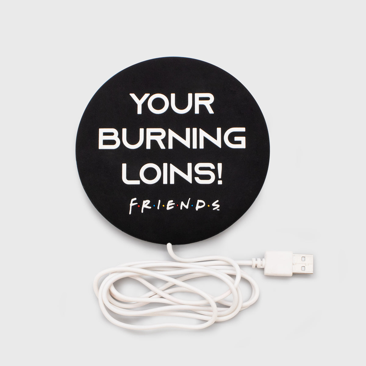 mug warmer. usb cord. text says: your burning lions! friends