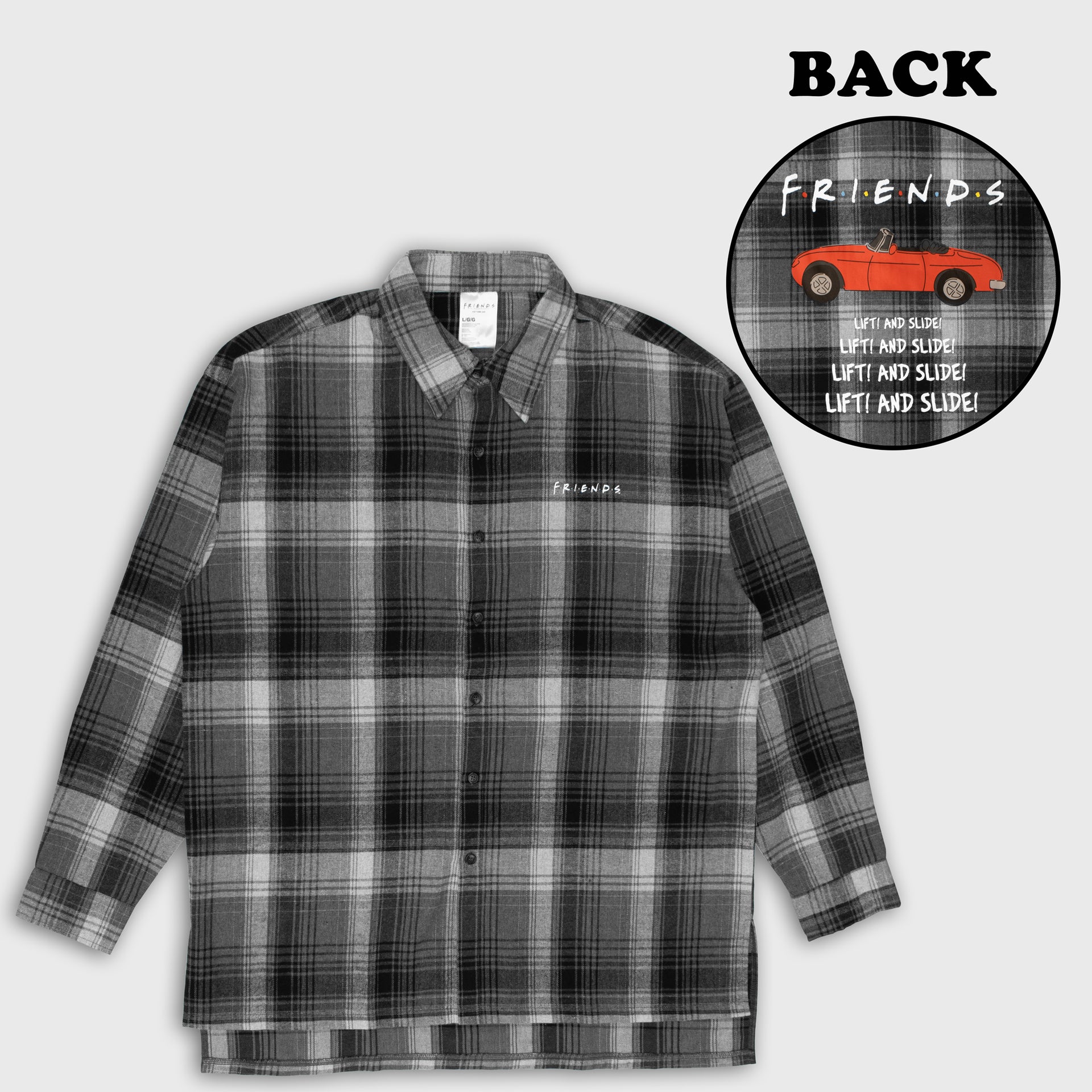 oversized black and white friends plaid shirt. front left pocket has friends logo. back of shirt: red car. text says: friends. lift! and slide! lift! and slide! lift! and slide! lift! and slide!