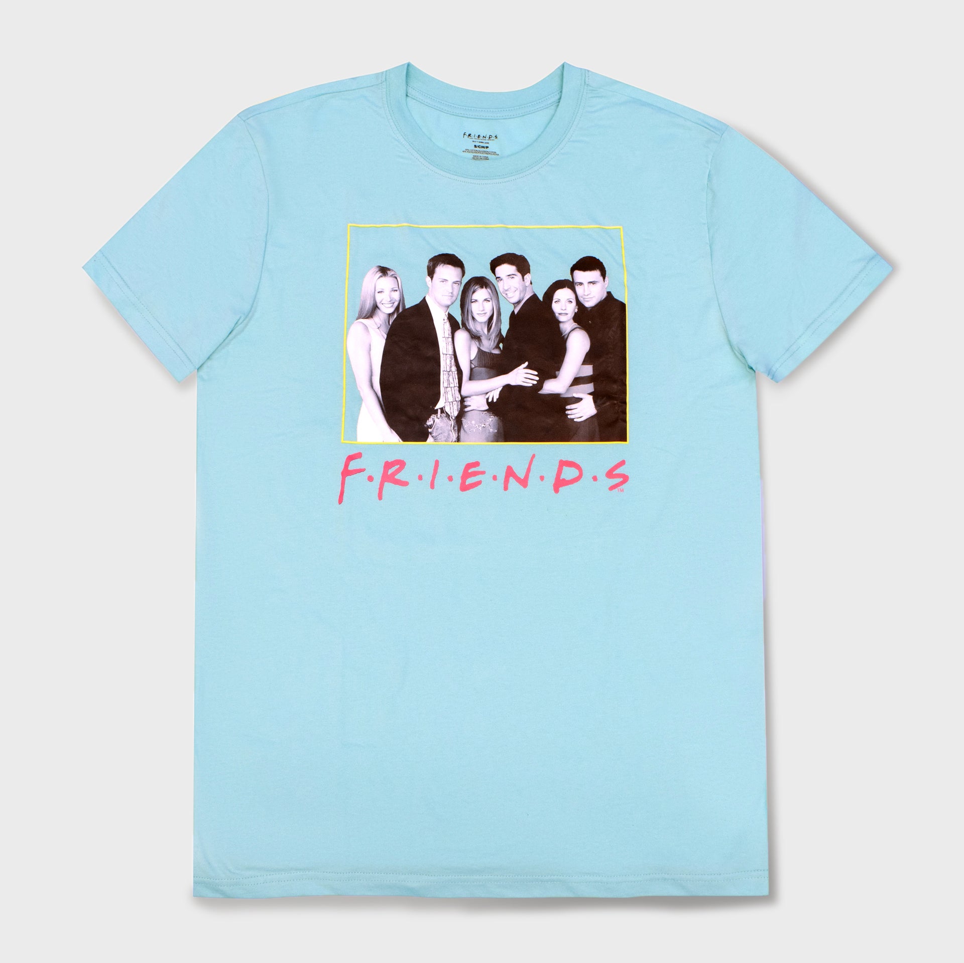 friends t-shirt. image on front: the full friends cast. left to right: phoebe, chandler, rachel, ross, monica, joey. text on front of shirt: friends