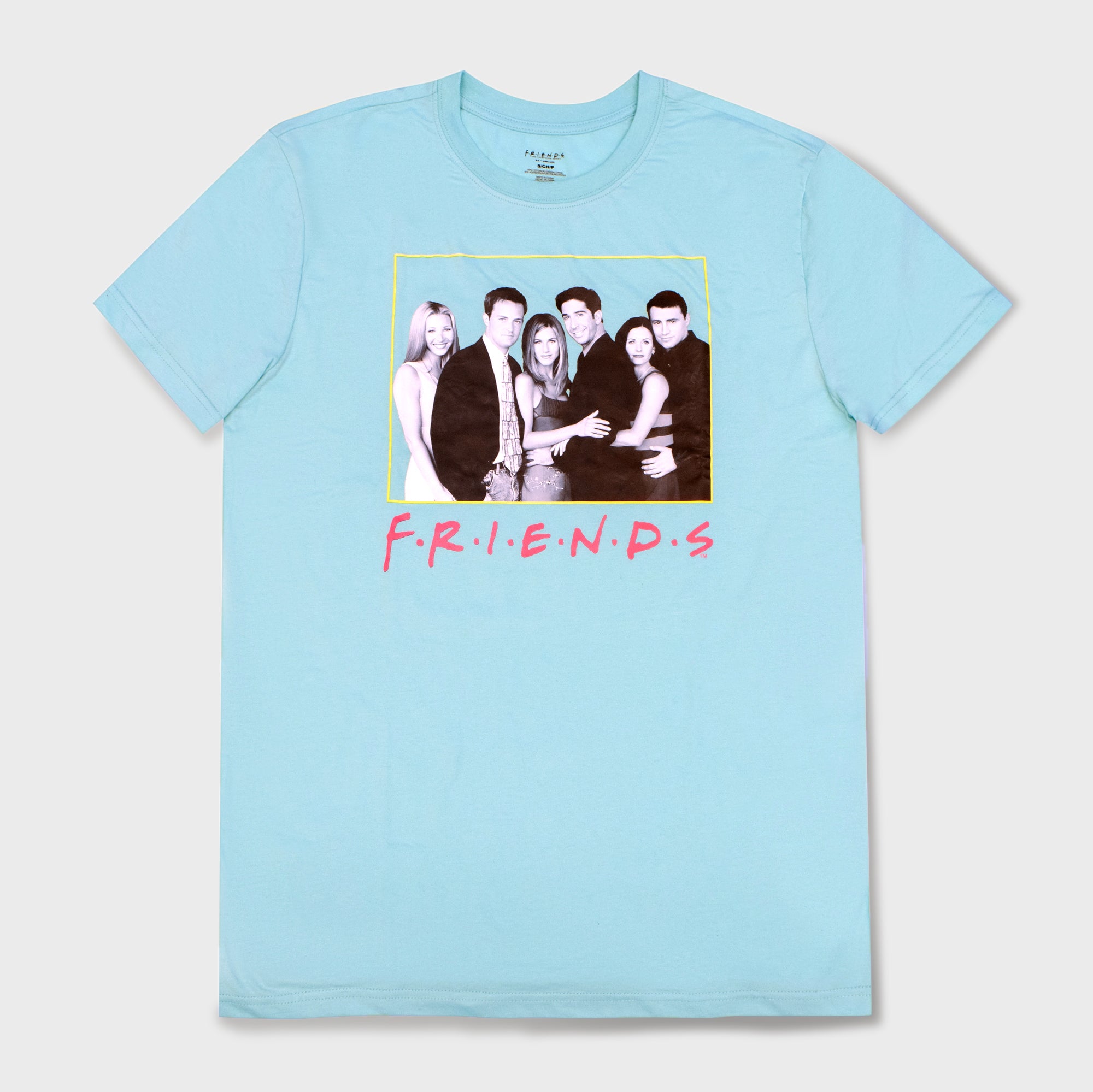 friends t-shirt. image on front: the full friends cast. left to right: phoebe, chandler, rachel, ross, monica, joey. text on front of shirt: friends