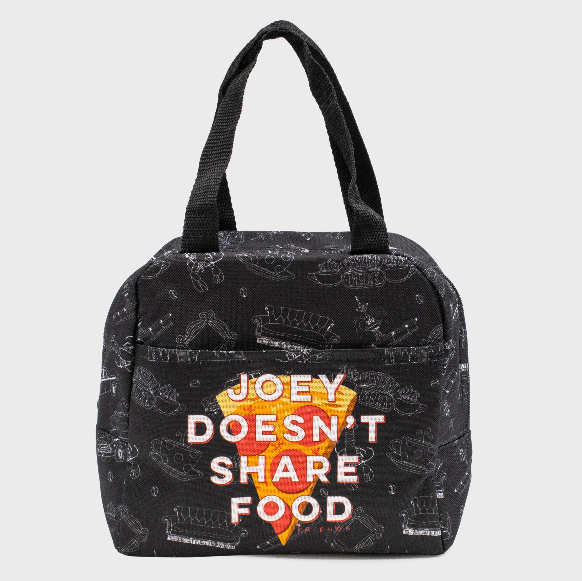 lunch bag. has different friends symbols in background. picture frame, couch, central perk logo, lobster, coffee cup, fountain. image of big slice of pizza on front pocket. text says: joey doesn't share food. 