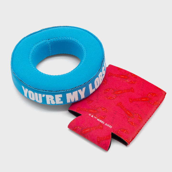 pool floaty koozie. koozie has lobsters and friends logo on it. floaty piece says: you're my lobster.