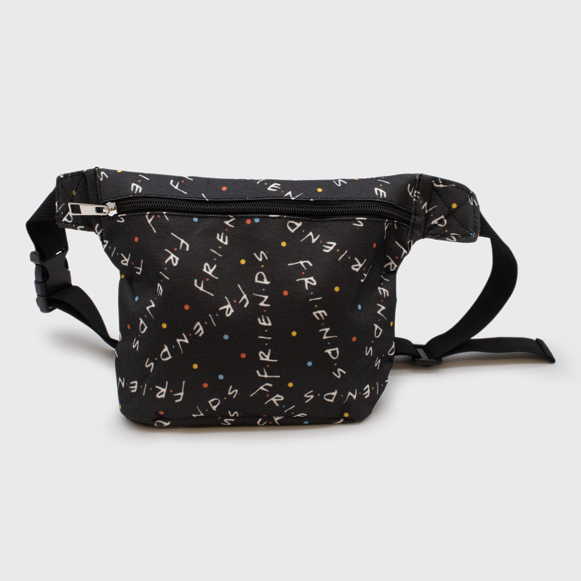 friends fanny pack. zipper on front pocket, adjustable strap. friends logo pattern.