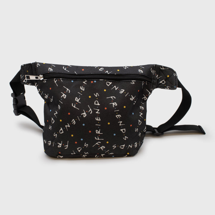 friends fanny pack. zipper on front pocket, adjustable strap. friends logo pattern.