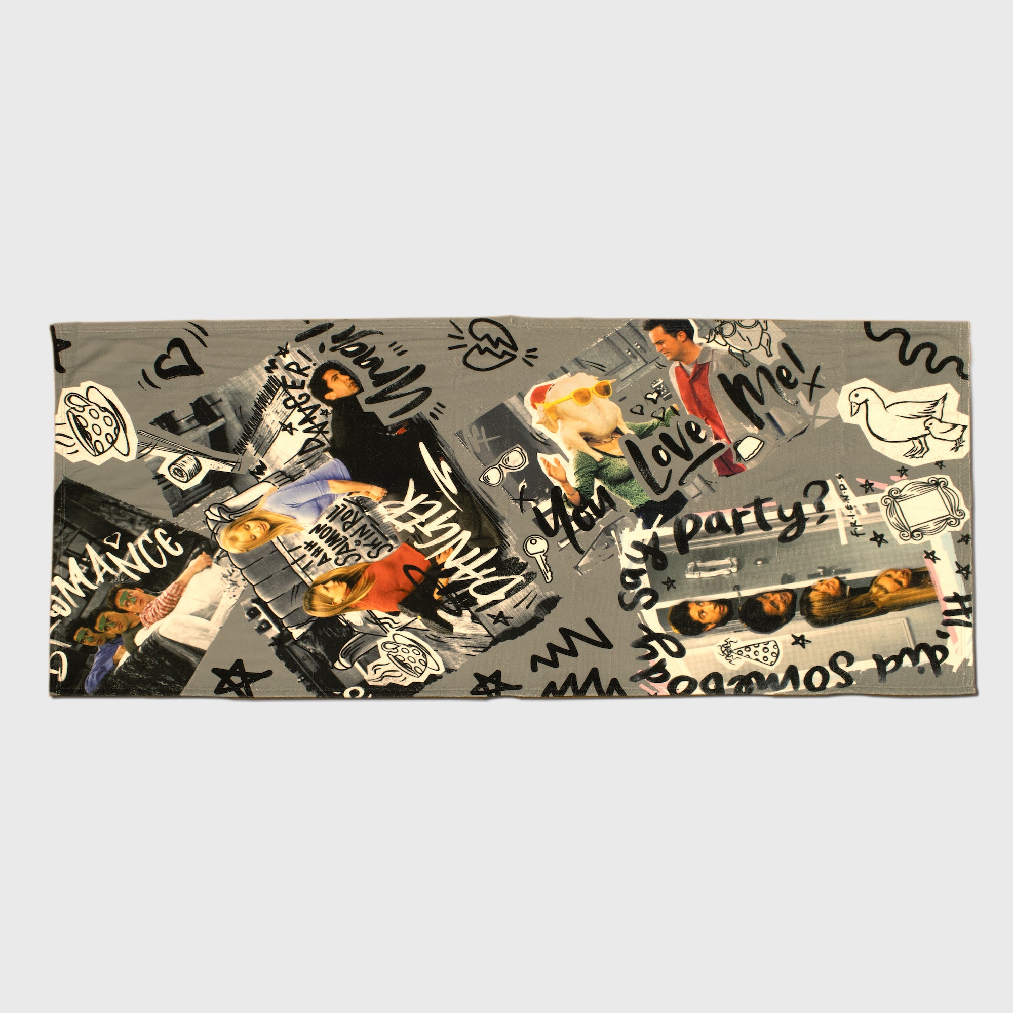 friends compressed beach towel. image 1: ross, joey, and chandler with green face mask on. image 2: rachel and phoebe sitting on ross' back. image 3: monica with turkey on her head next to chandler. image 4: ross, joey, rachel, and phoebe peeking heads out of door. text: bromance, ahh salmon skin roll, danger!, unagi, you love me!, hi, did somebody say party?