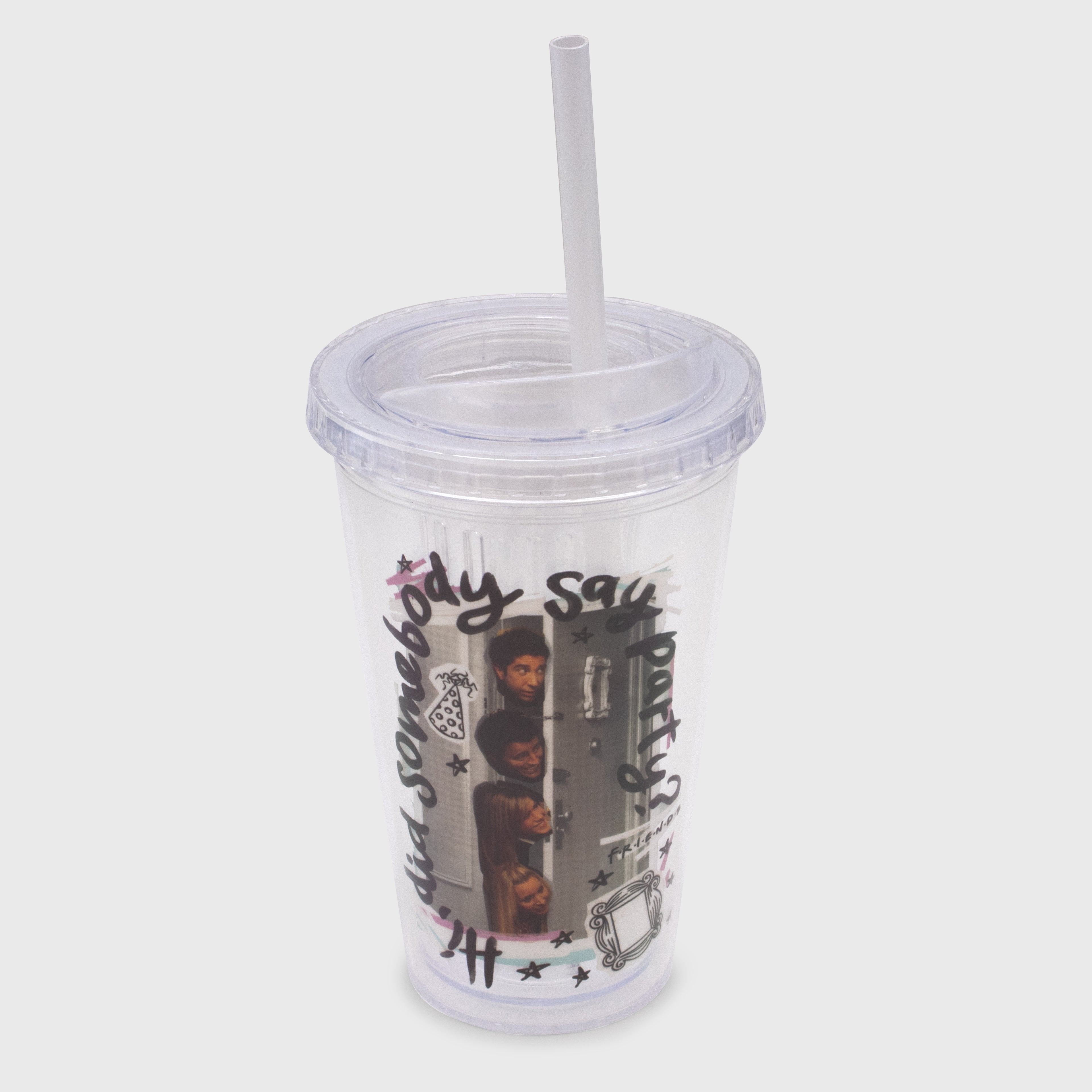 friends clear tumbler with lid and straw. image: ross, joey, rachel, phoebe heads peeking out of door. text: hi, did somebody say party? friends