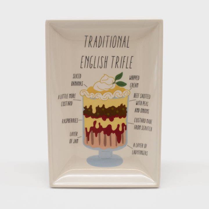 friends melamine dish. image: english trifle by rachel and pointing to each layer. text: traditional english trifle, slice bananas, whipped cream, a little more custard, beef sauteed with peas and onions, raspberries, custard made from scratch, layer of jam, a layer of ladyfingers