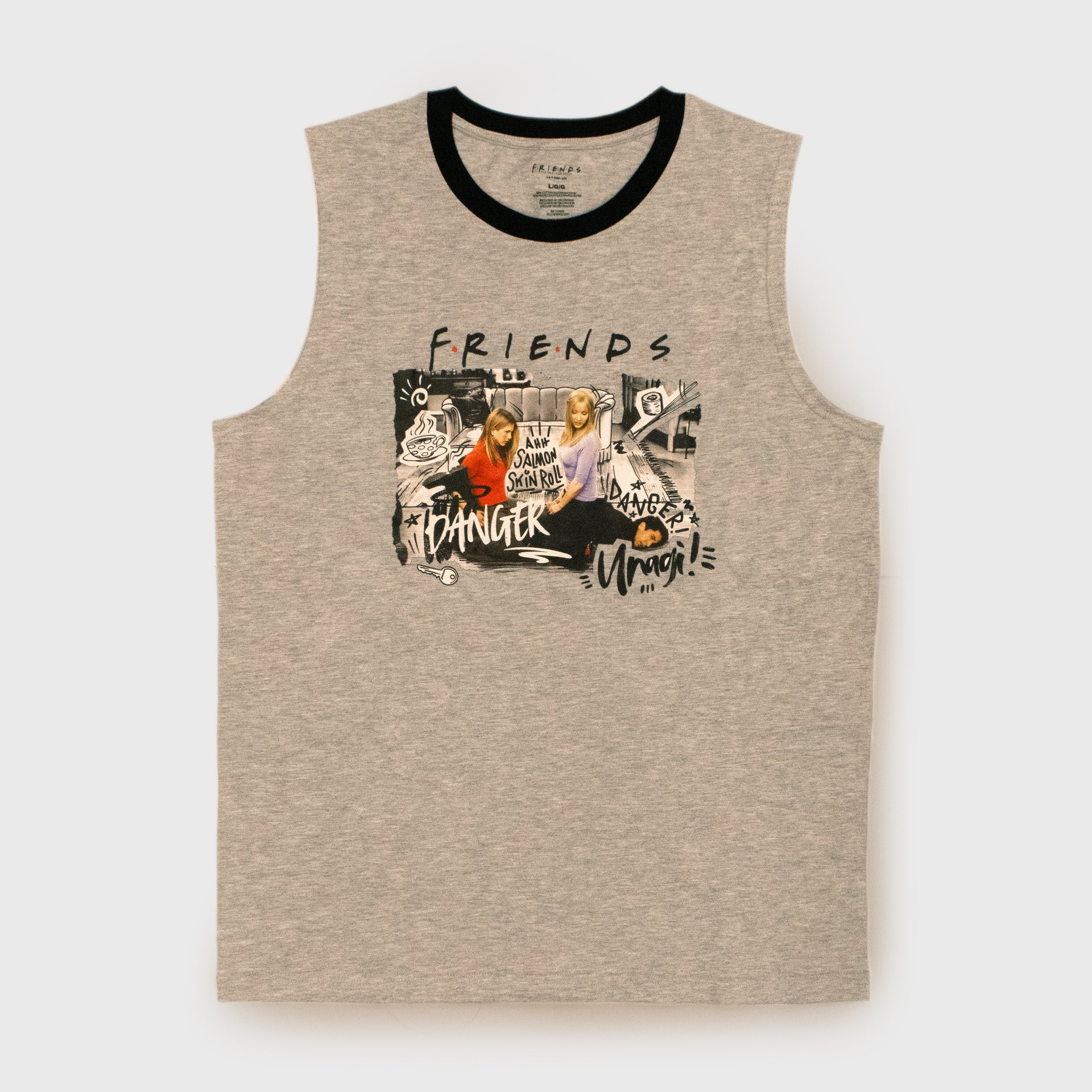 friends muscle tank. image: rachel and phoebe sitting on ross in living room. text: friends, danger, ahh salmon skin roll, danger!, unagi