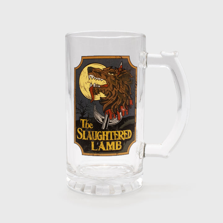 horror haul american werewolf mug. image on front: werewolf head on spike with moon. text: the slaughtered lamb. big class mug with handle.