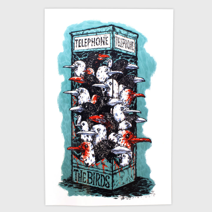 horror haul the bird small art print. image: birds with blood on beaks poking out of telephone booth. 