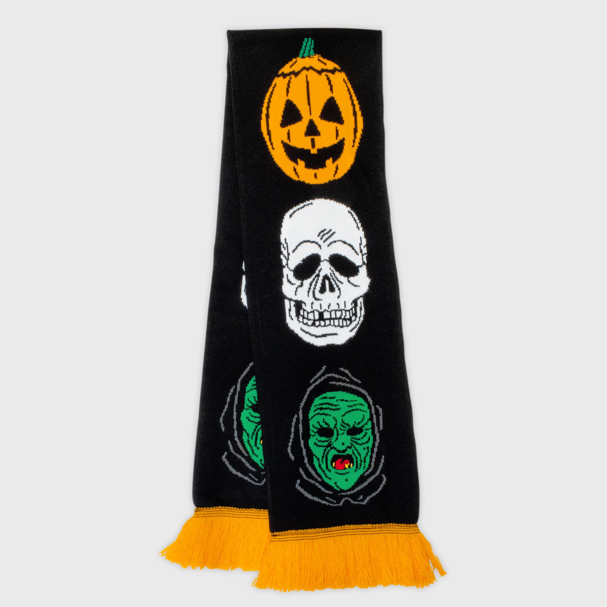 horror haul knitted scarf. halloween III masks: pumpkin, skeleton skull, old witch