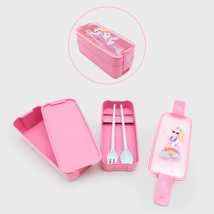 jojo siwa bento lunch box. top of box image: jojo on a rainbow wearing sunglasses. inside of box: place for fork and spoon, then under is a place for food.