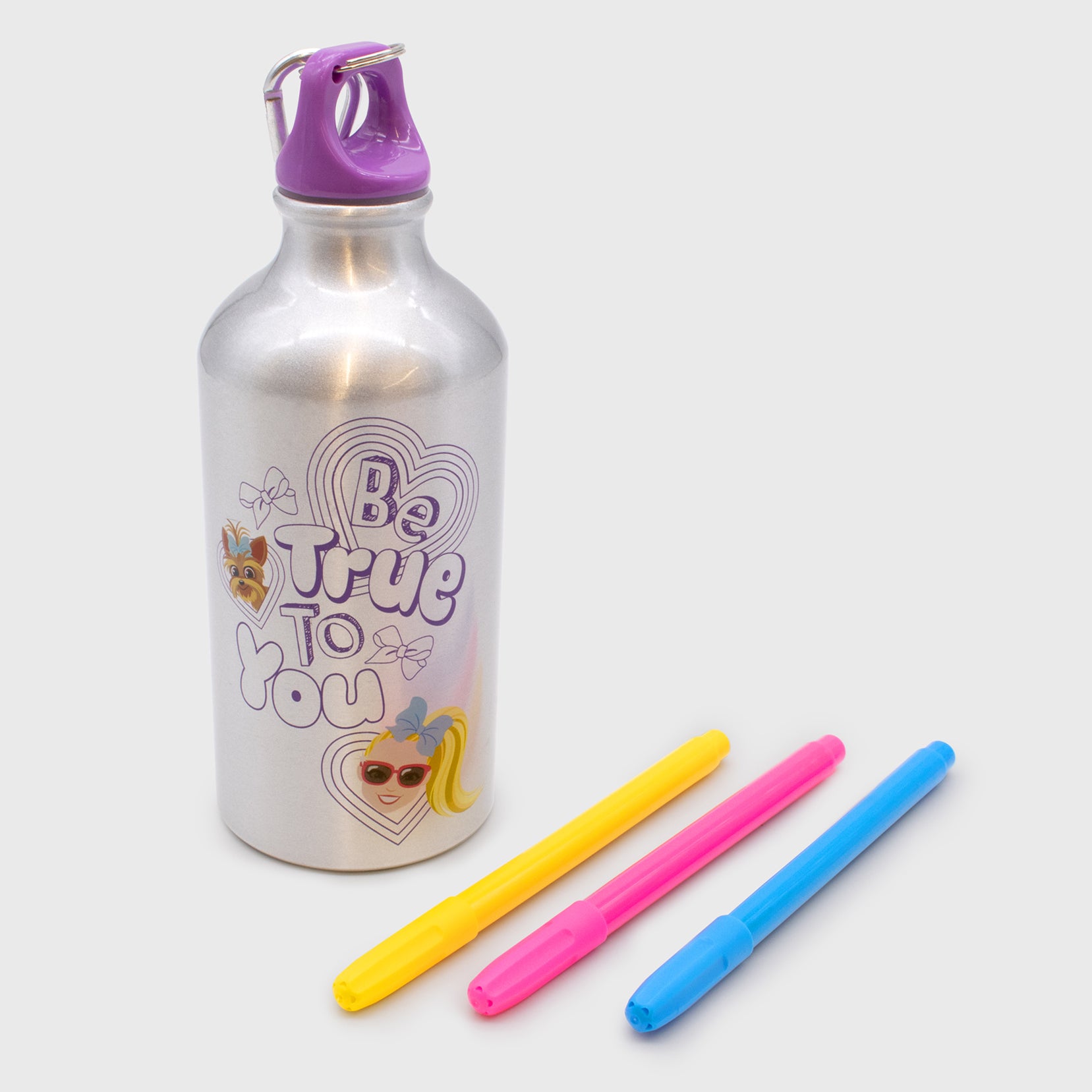 jojo siwa diy water bottle. metallic bottle with cap. image on bottle: jojo and bowbow. text: be true to you. can color in and decorate water bottle. comes with 3 markers. yellow, pink, blue.
