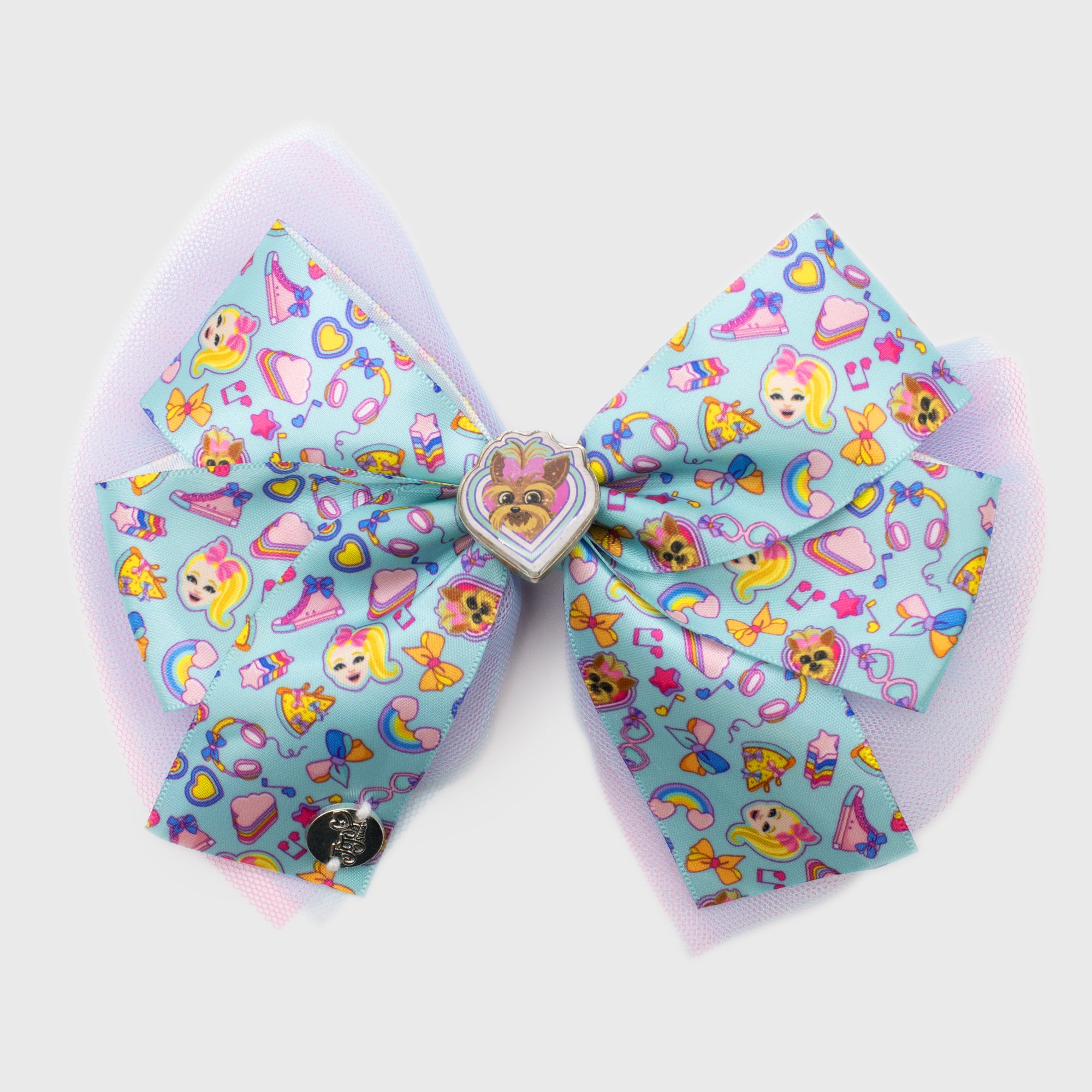 jojo siwa bow. pattern om bow: jojo, bowbow, pizza, music notes, high top shoes, stars, headphones, rainbows, clouds, hearts. charm in middle: bowbow in a heart.