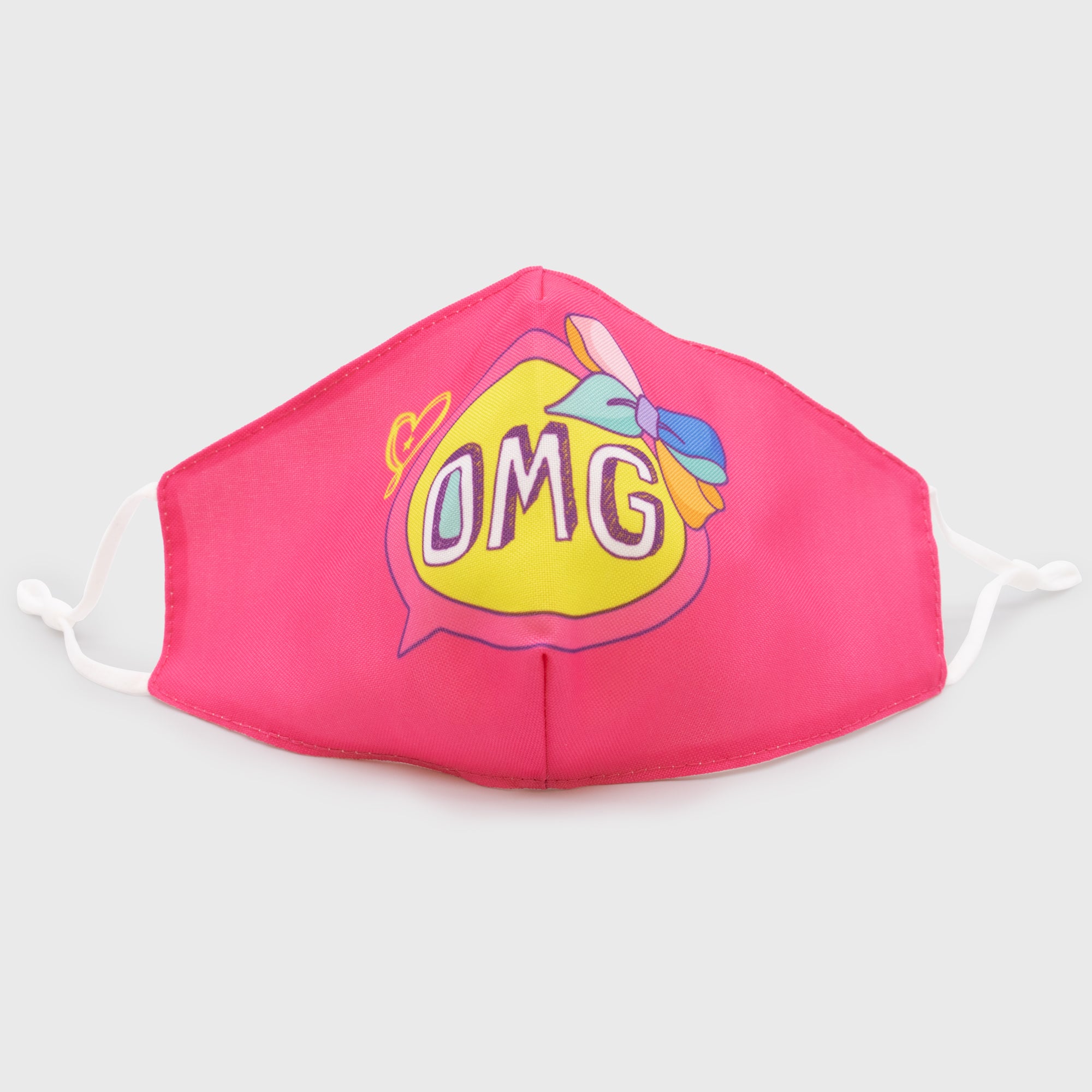 jojo siwa face mask. image on mask: omg in chat bubble with bow on it.