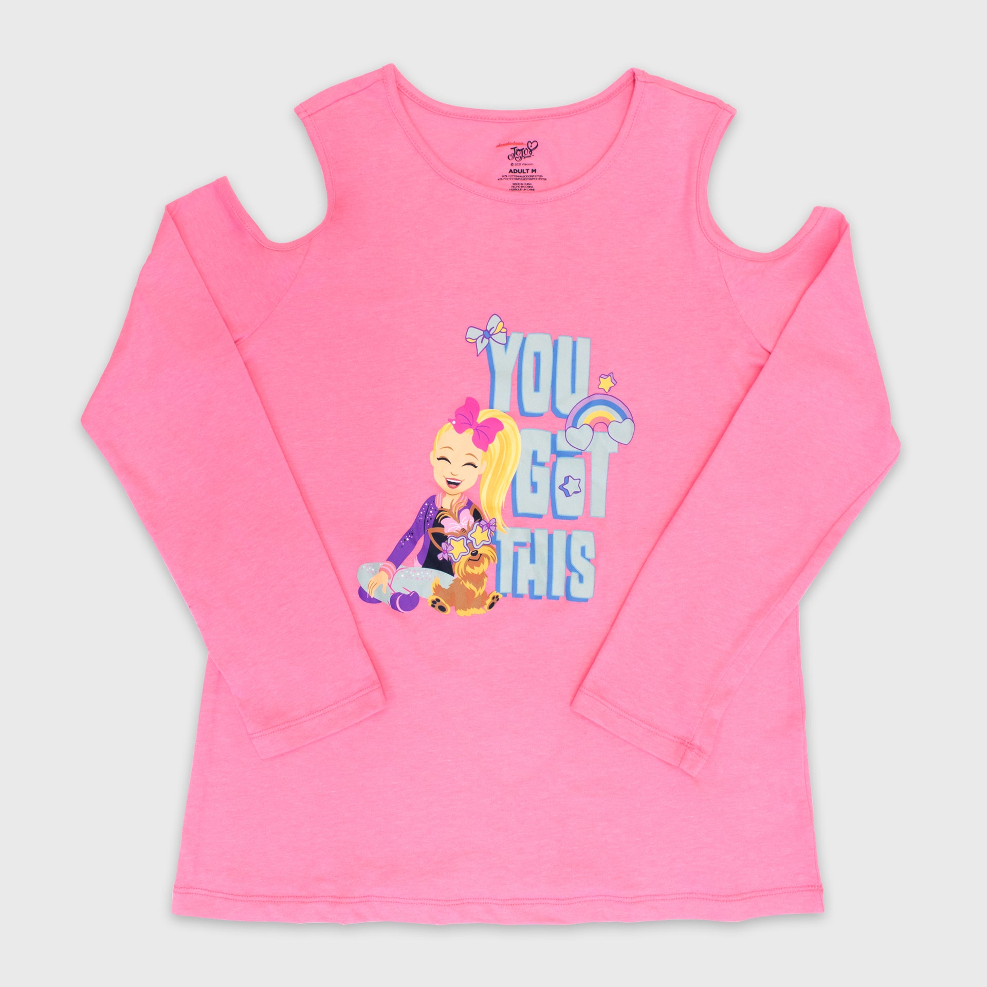 jojo siwa long sleeve shirt. front of shirt: jojo and bowbow sitting together. text: you got this. shoulderless top.