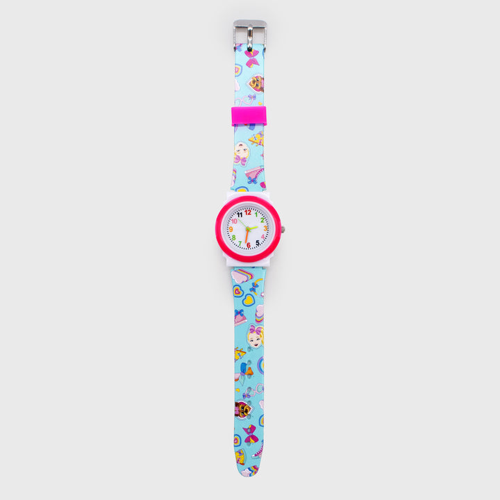 jojo siwa watch. middle is face. watch band pattern: jojo, bowbow, hearts, clouds, rainbows, pizza, high top shoes.