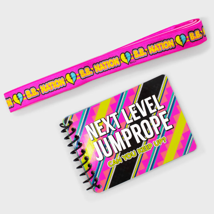 lol surprise jump rope and booklet. jumprope text: b.b. nation. booklet text: next level jumprope can you keep up?