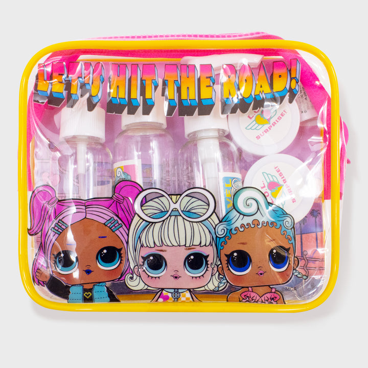 lol surprise toiletry bag. text: lets hit the road! comes with travel bottles and balm cases