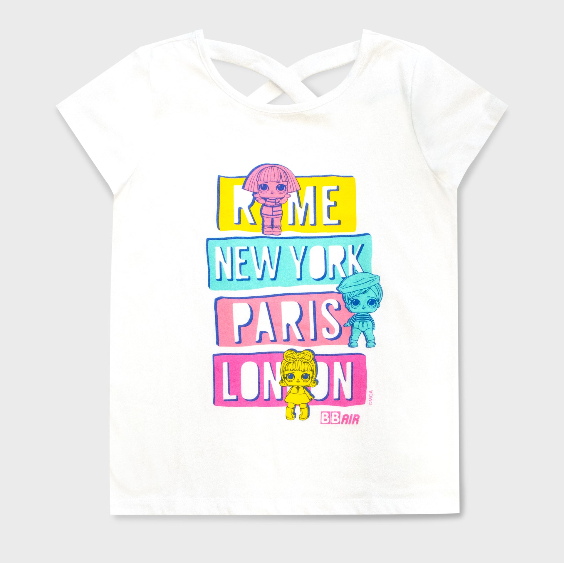 lol surprise t-shirt. text: rome new york paris london bb air