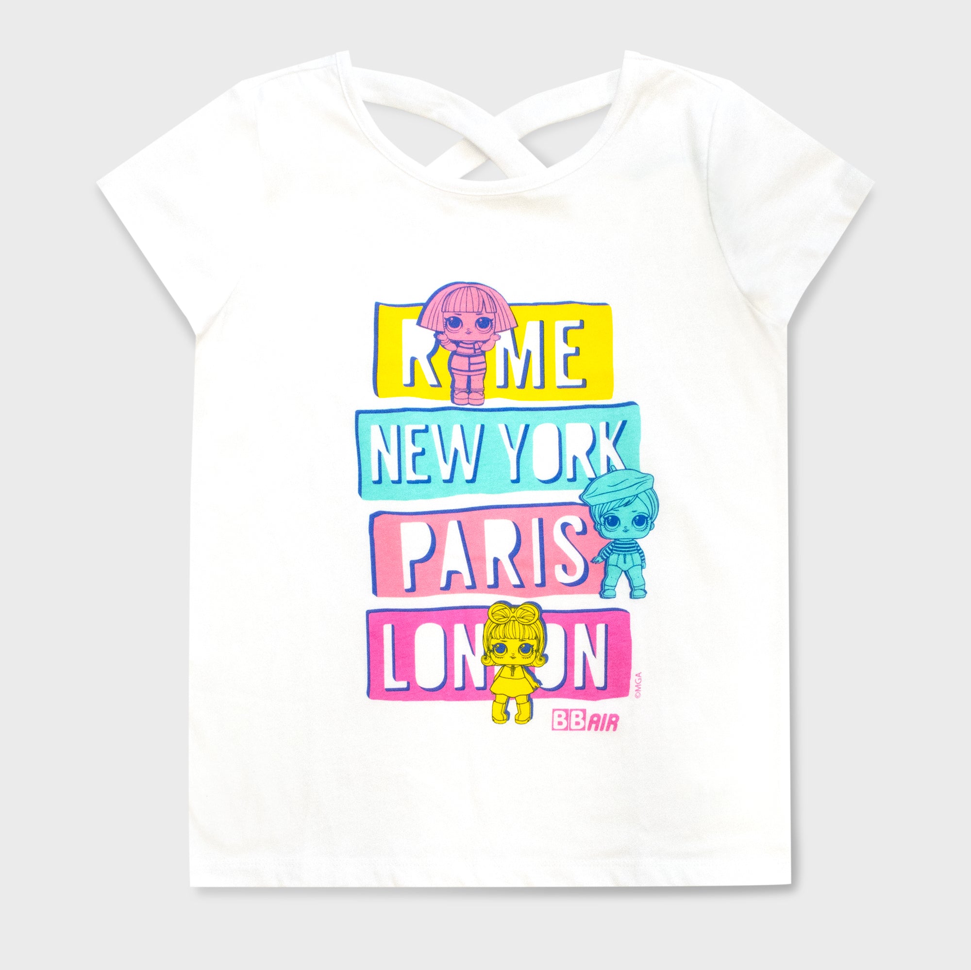 lol surprise t-shirt. text: rome new york paris london bb air