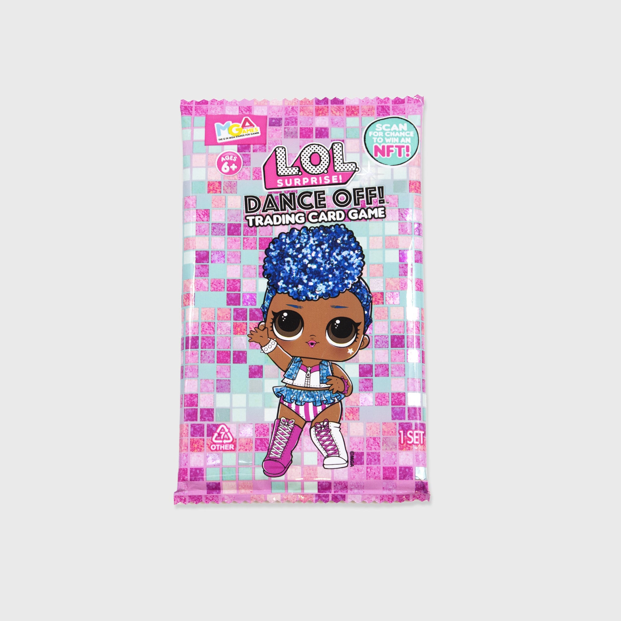 lol surprise trading card game. text on package: mga lol surprise dance off! trading card game scan for chance to win an nft.