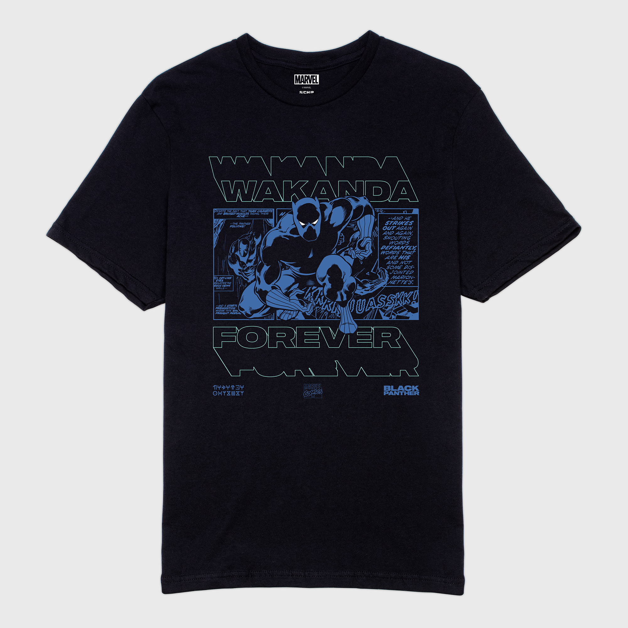 black panther black t-shirt. image on shirt: black panther outlined in blue on top of comic panel. text says: wakanda forever, black panther, marvel comics