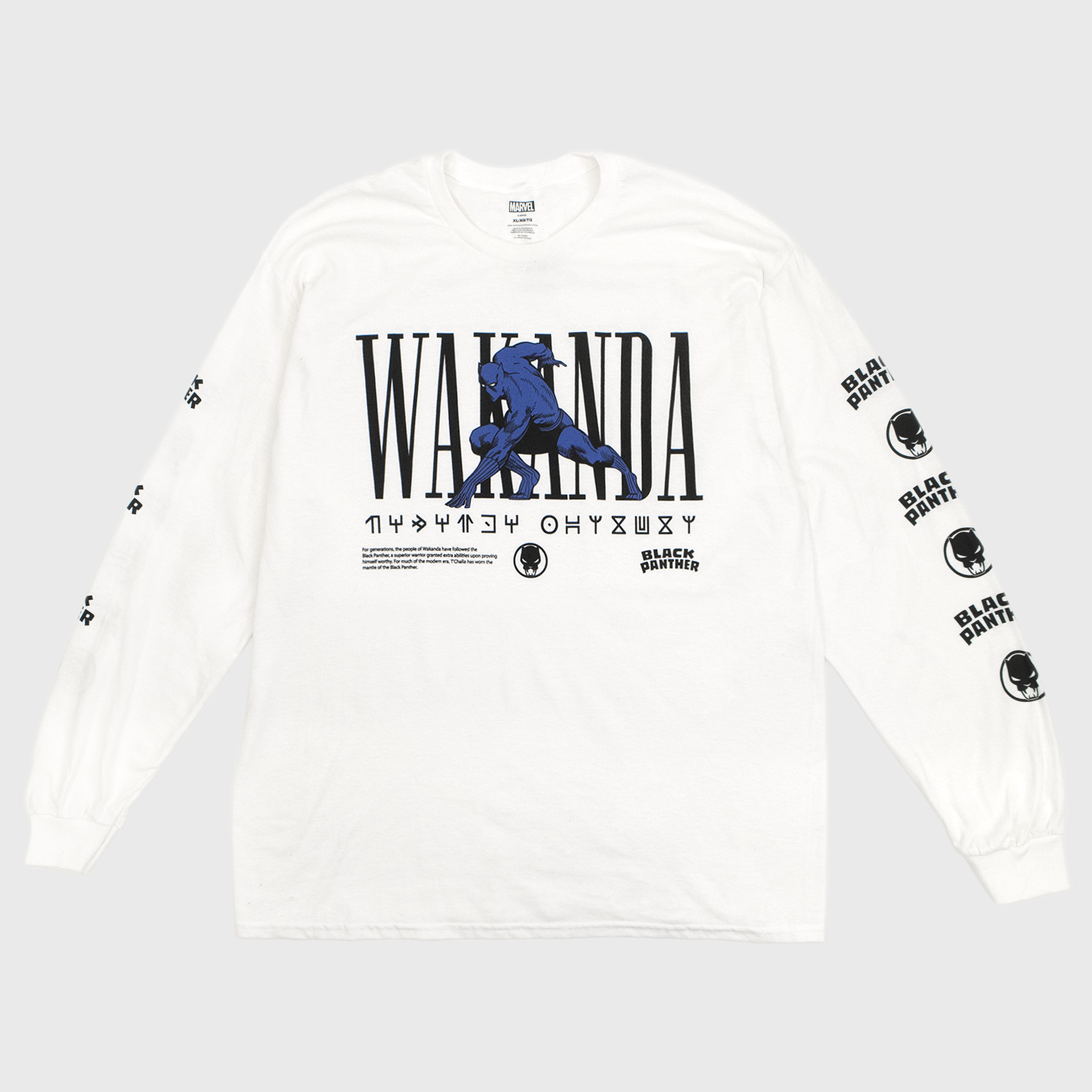 black panther white long sleeve shirt. image: black panther on front in blue. text: wakanda black panther.