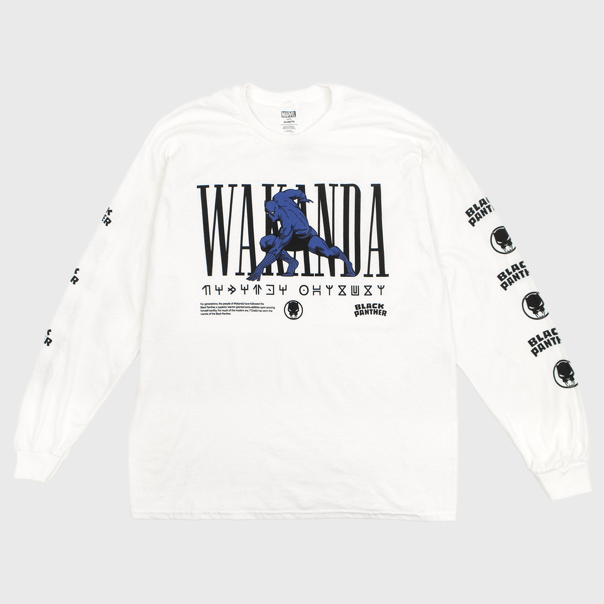 black panther white long sleeve shirt. image: black panther on front in blue. text: wakanda black panther.