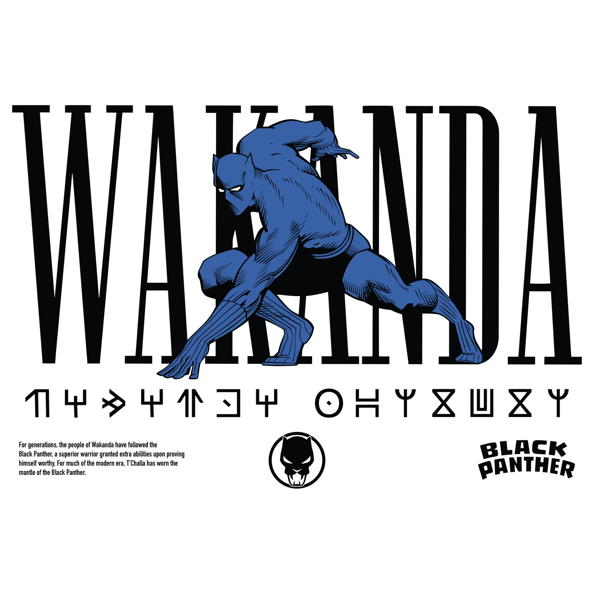 close up image: black panther on front in blue. text: wakanda black panther.