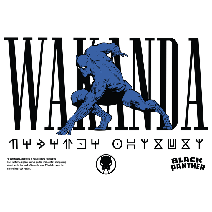 close up image: black panther on front in blue. text: wakanda black panther.