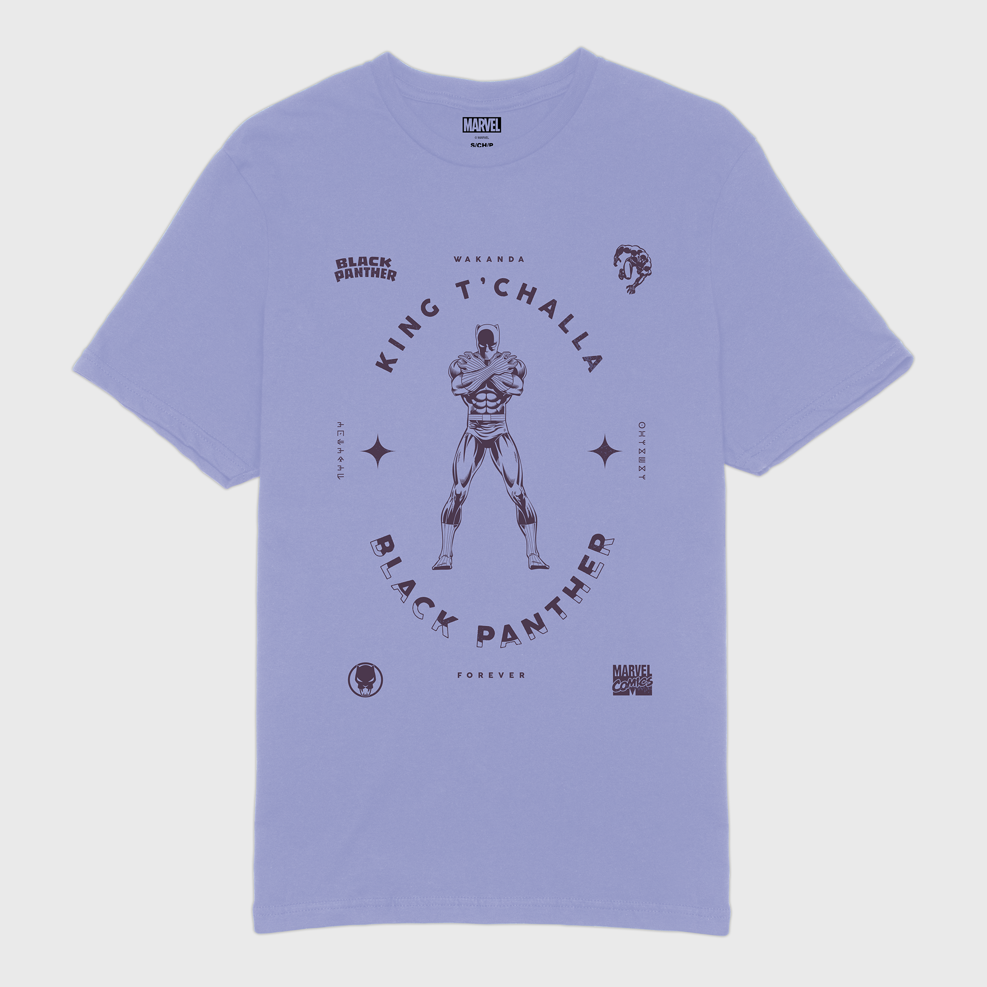 black panther purple t-shirt. image on shirt: black panther in wakanda forever stance. text on shirt: black panther wakanada forever marvel comics king t'challa