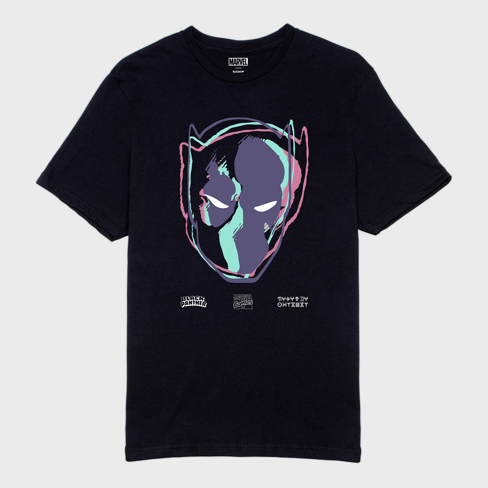 black panther t-shirt image is of black panther mask warping into different colors purple teal pink. black t-shirt 